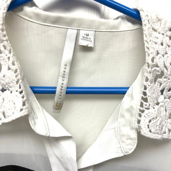 Lauren Conrad Sheer White Blouse, Black Stripes, Lace Collar, Button Up, Size M - Picture 2 of 5
